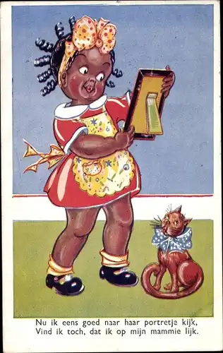 Ak Verärgertes Mädchen, Portrait, Katze mit Schleife