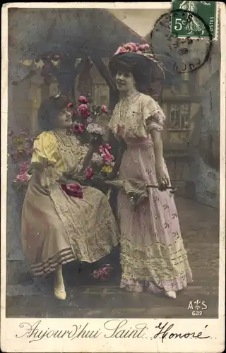 Ak Namenstag, Zwei Frauen in bunten Kleidern, Saint Honore