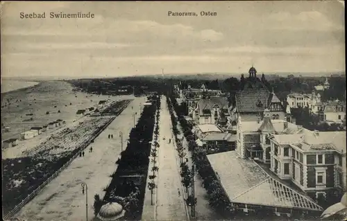 Ak Świnoujście Swinemünde Pommern, Panorama von Osten, Strandpromenade