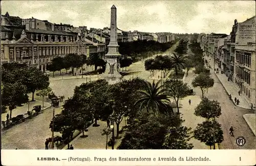 Ak Lisboa Lissabon Portugal, Prada dos Restauradores e Avenida da Liberdade