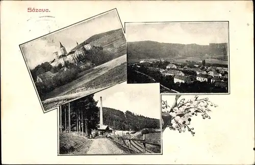 Ak Sázava Sasau Mittelböhmen, Gesamtansicht, Straße, Schornstein, Schloss