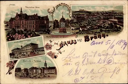 Litho Brno Brünn Südmähren, Deutsches Haus, Wetterhäuschen, Krautmarkt, Rathaus