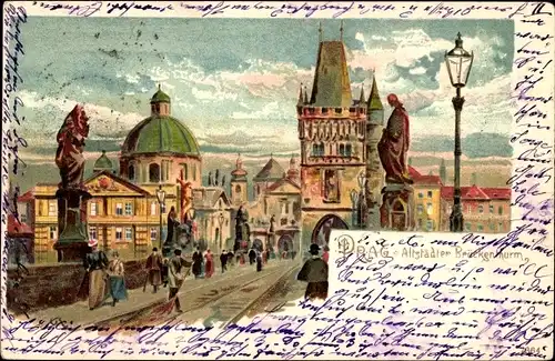 Litho Praha Prag Tschechien, Altstädter Brückenturm
