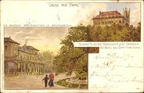 Litho Praha Prag Tschechien, Große Restauration, Baumgarten, Schloss, Sommerresidenz