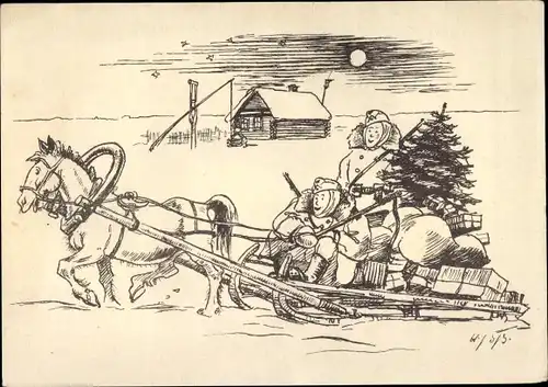 Künstler Ak Glückwunsch Weihnachten, Kriegsweihnacht, Soldaten, Schlittengespann