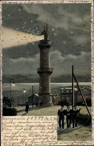 Künstler Litho Kirsch, H., Ostseebad Warnemünde Rostock, Leuchtturm, Seeleute