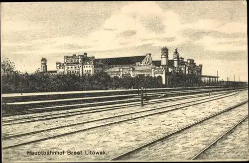 Ak Brest Litowsk Weißrussland, Hauptbahnhof, Gleisseite