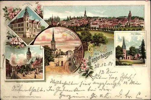 Litho Sangerhausen im Kreis Mansfeld Südharz, Ulrichsplatz, Kreishaus, Jacobikirche, Marienkirche