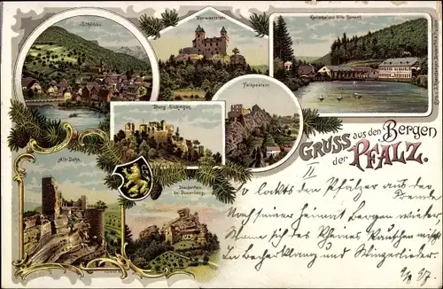 Litho Schönau in der Pfalz, Alt Dahn, Burg Sickingen, Falkenstein, Villa Gienanth