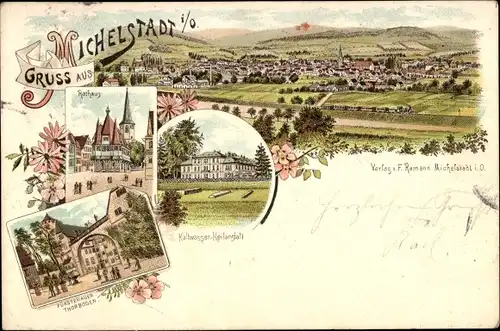 Litho Michelstadt im Odenwald, Rathaus, Torbogen, Kaltwasser Heilanstalt