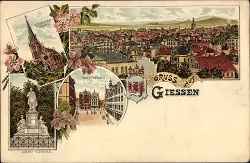 Wappen Litho Gießen an der Lahn Hessen, Johanneskirche, Liebig Denkmal, Marktplatz, Stadtpanorama