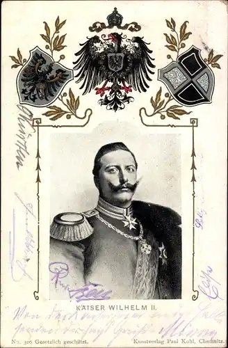 Passepartout Ak Kaiser Wilhelm II., Portrait, Uniform, Schärpe, Orden, Epauletten