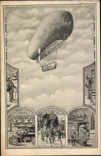 Ak Glückwunsch Neujahr, Luftschiff, Automobil, Kutsche, Straßenbahn