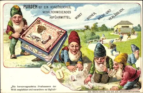 Litho Reklame, Purgen Abführmittel, Zwerge