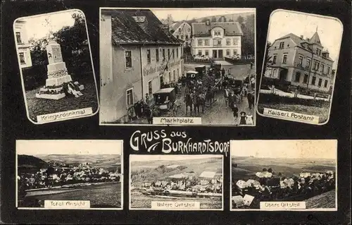Ak Burkhardtsdorf im Erzgebirge Sachsen, Postamt, Marktplatz, Gasthof, Kriegerdenkmal