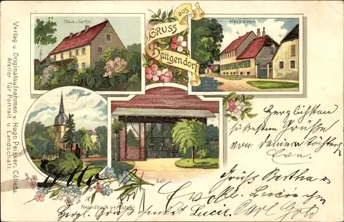 Litho Battgendorf Kölleda in Thüringen, Kirche, Zelt, Garten, Wohnhaus