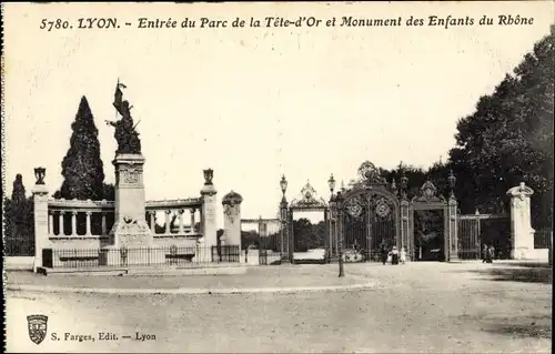 Ak Lyon Rhône, Eingang zum Parc de la Tête-d’Or, Denkmal für die Kinder der Rhône