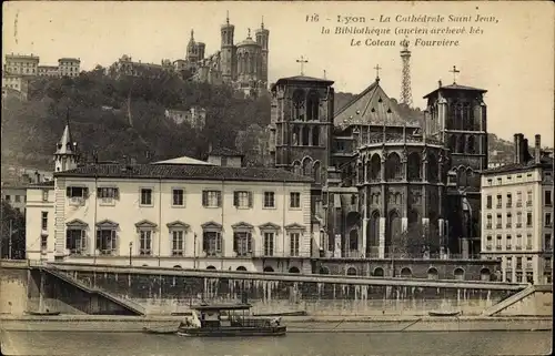 Ak Lyon Rhône, die Kathedrale Saint-Jean, die Bibliothek, das Coteau de Fourviere