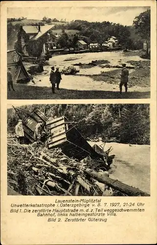 Ak Lauenstein Altenberg im Erzgebirge, Unwetterkatastrophe 1927, Zerstörte Hauptstraße