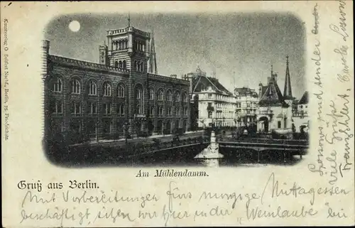 Mondschein Ak Berlin Mitte, Am Mühlendamm bei Mondenschein