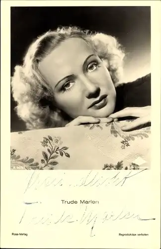 Ak Schauspielerin Trude Marlen, Portrait, Ross Verlag, Autogramm