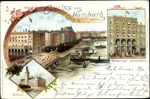 Litho Hamburg, Alter Jungfernstieg, Rathaus, Restaurant Löwenbräu