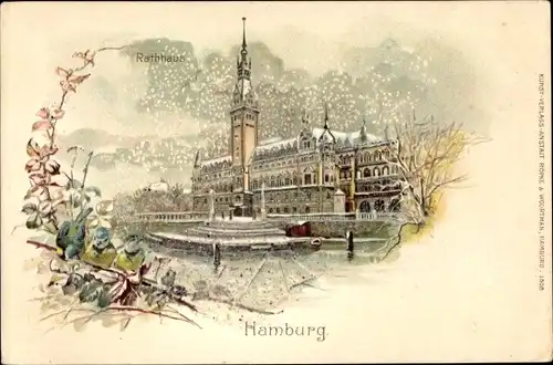 Passepartout Litho Hamburg, Rathaus im Schneefall