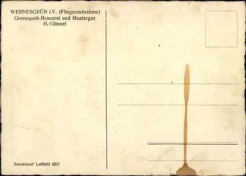 Ak Wernesgrün Steinberg im Vogtland, Luftbild der Grenzquell Brauerei und Mustergut H. Günnel