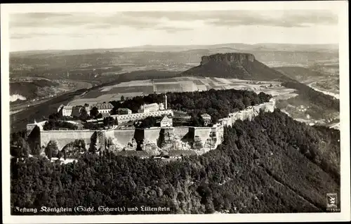 Ak Königstein an der Elbe Sächsische Schweiz, Festung und Lilienstein, Klinke Fliegeraufnahme 11159