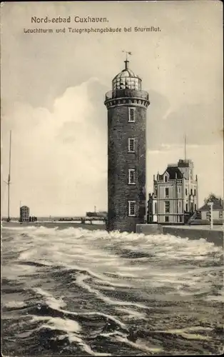 Ak Cuxhaven, Leuchtturm und Telegraphengebäude bei Sturmflut