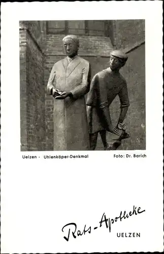 Ak Uelzen in Niedersachsen, Uhlenköper-Denkmal, Ratsapotheke Dr. Barich