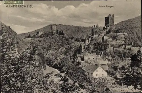 Ak Manderscheid in der Eifel, beide Burgen, Gesamtansicht