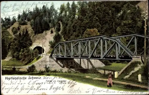 Ak Steinicht Pöhl im Vogtland,  im Steinicht, Eisenbahnbrücke