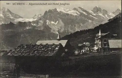 Ak Mürren Kanton Bern Schweiz, Alpenlandschaft mit Hotel Jungfrau