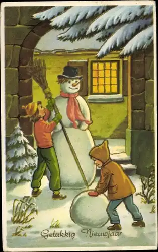Ak Fröhliches Neujahr, Kinder bauen einen Schneemann
