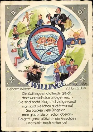 Künstler Ak Sternzeichen Zwillinge, Gemini, 21. Mai bis 21. Juni