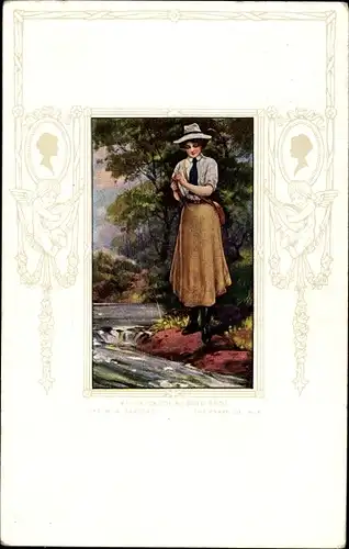 Künstler Passepartout Ak Junge Frau beim Angeln