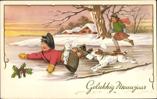 Ak Glückwunsch Neujahr, Gestürzter Postbote, Mädchen auf Schlittschuhen, Terrier