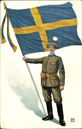 Ak Schweden, Soldat mit Landesflagge