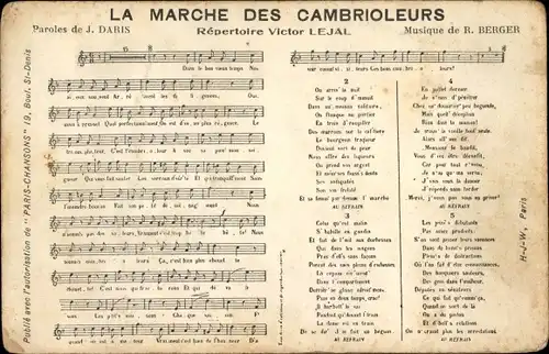 Lied Ak La Marche des Cambioleurs, Text J. Daris, Musik R. Berger