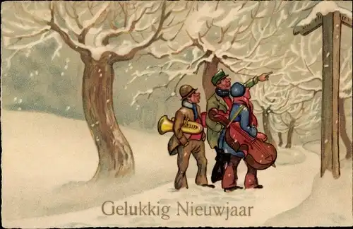 Ak Glückwunsch Neujahr, Musiker im Schnee, Winterlandschaft