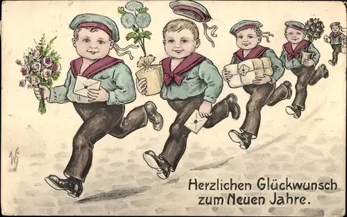 Künstler Ak Scheuermann, Willi, Glückwunsch Neujahr, Jungen in Matrosenanzügen
