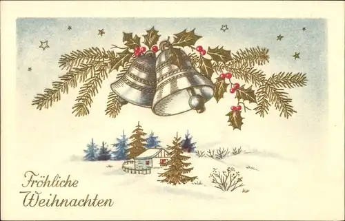 Ak Glückwunsch Weihnachten, Winterlandschaft, Glocken