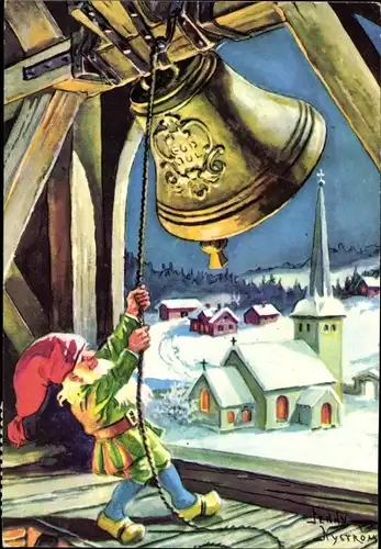 Künstler Ak Nyström, Glückwunsch Weihnachten, Zwerg läutet die Glocke