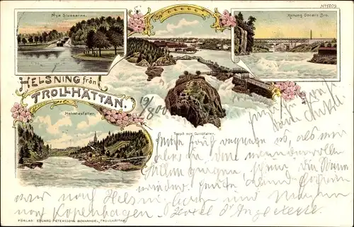 Litho Trollhättan Schweden, Oskar-Brücke, Wasserfall, Felsen