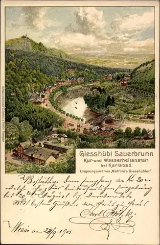 Litho Kyselka Gießhübl Giesshübl Sauerbrunn Region Karlsbad, Totalansicht, Wasserheilanstalt