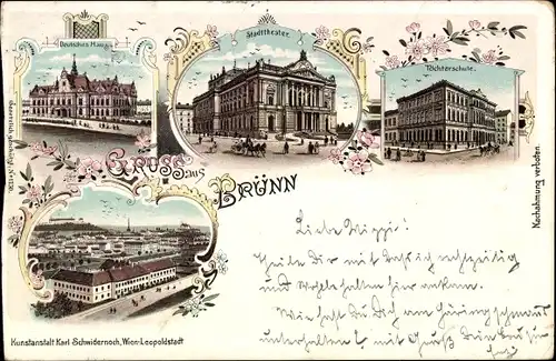 Litho Brno Brünn Südmähren, Deutsches Haus, Stadttheater, Töchterschule