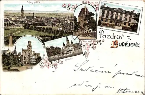 Litho České Budějovice Budweis Südböhmen, Gesamtansicht, Rathaus