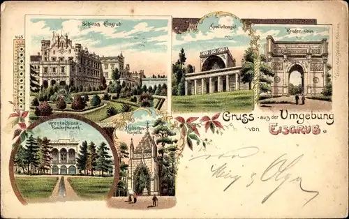 Litho Lednice Eisgrub Südmähren, Schloss, Apollotempel, Hubertus-Kapelle, Grenzschloss