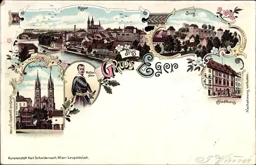 Litho Cheb Eger Region Karlsbad, Burg, Stadthaus, Dekanalkirche, Wallenstein